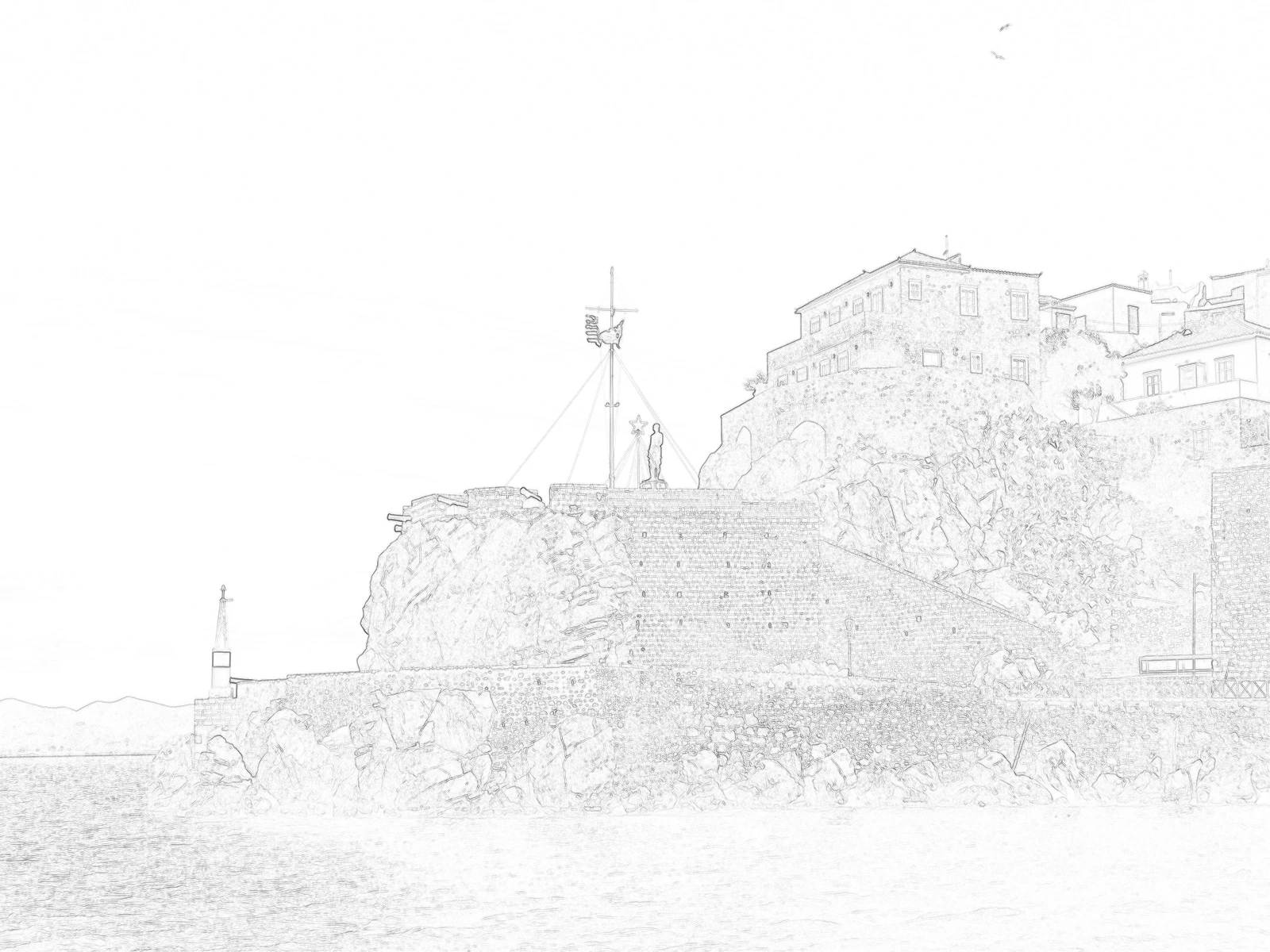 Engraving-style view of Spetses harbour